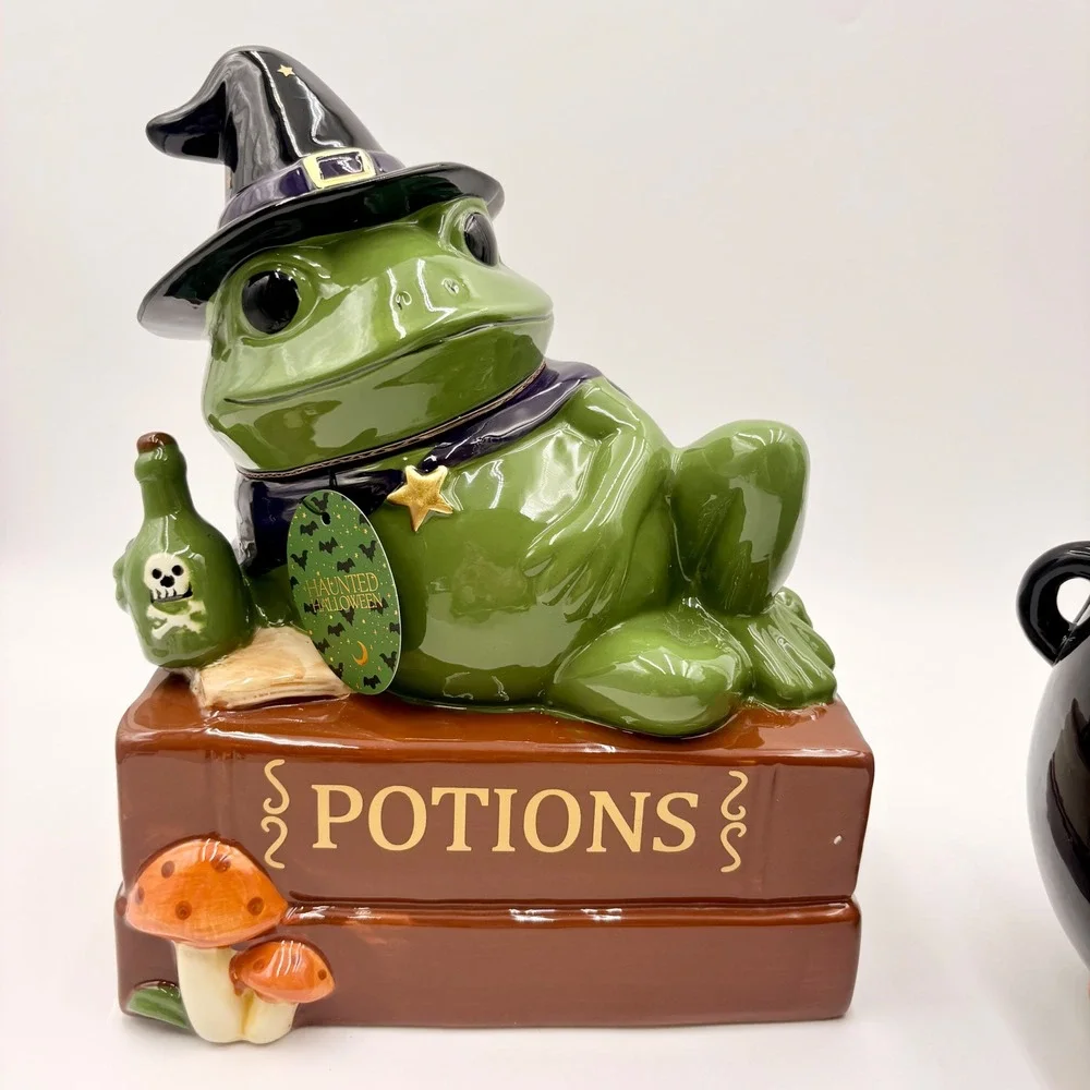 Haunted Halloween Ceramic Witch Frog Cookie Jar and Cauldron Candy Dish Set NEW